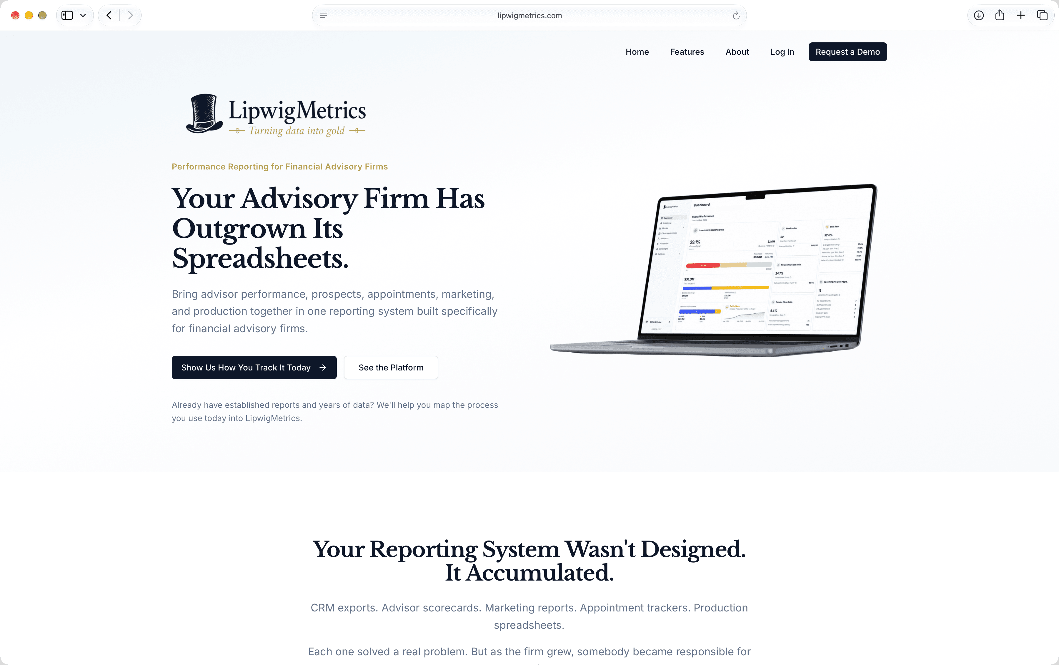 LipwigMetrics homepage in a browser, with the headline “Your Advisory Firm Has Outgrown Its Spreadsheets” and a laptop showing the firm dashboard of goal progress, production, and close-rate metrics.